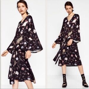 ZARA | Crane Tiger Print Kimono Style Black Wrap Dress Women’s Size Small